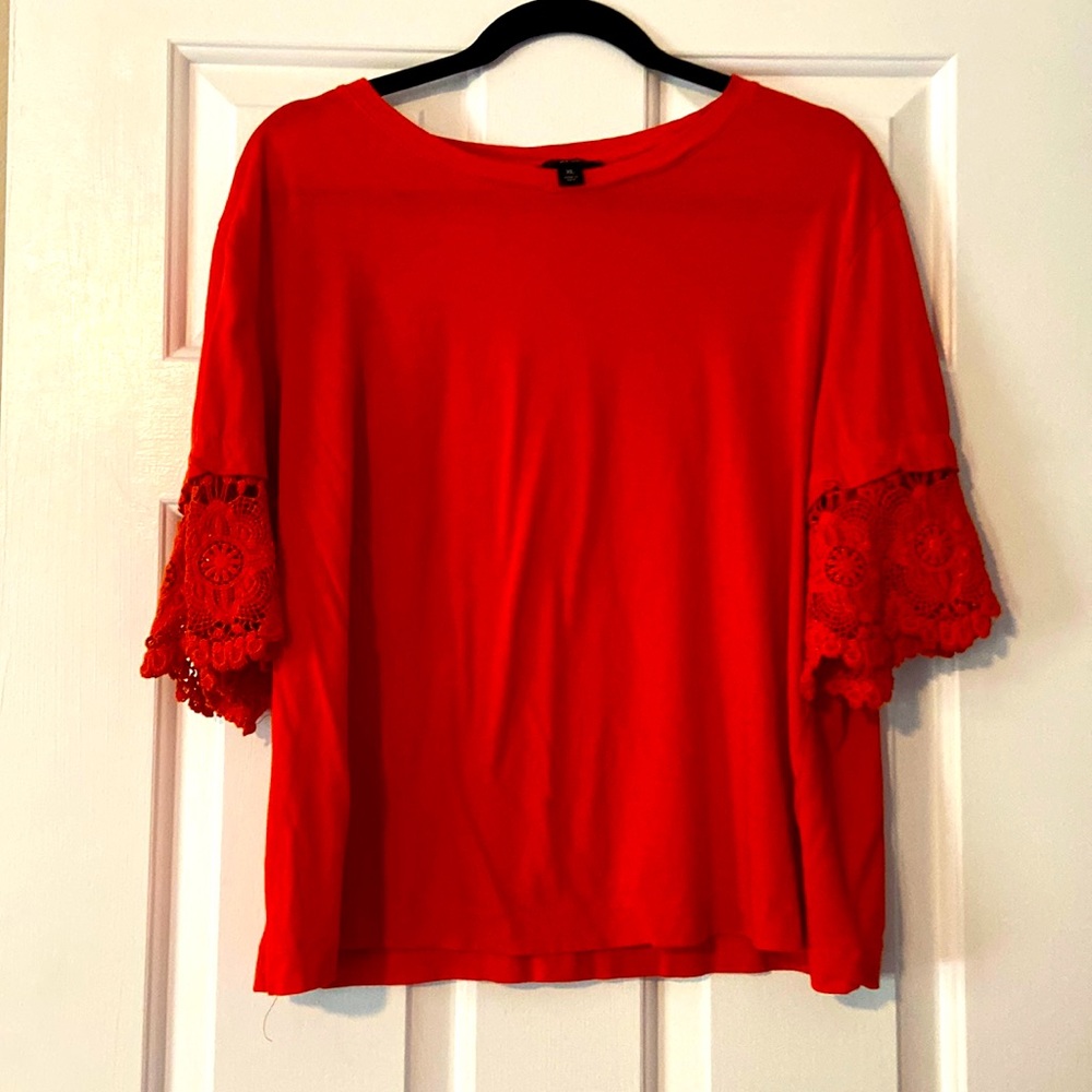 J. Crew Orange Cropped Length Top with Lace- Like Sleeve Detail